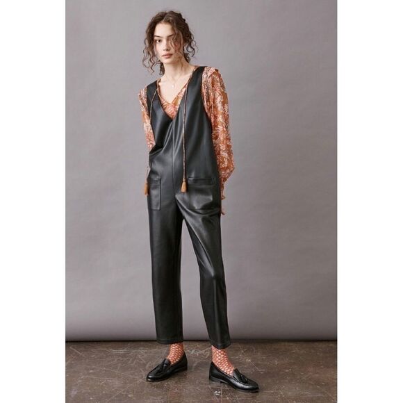 NEW Anthropologie Avec Les Filles Black Portia Vegan Faux Leather Jumpsuit Large - Picture 1 of 5